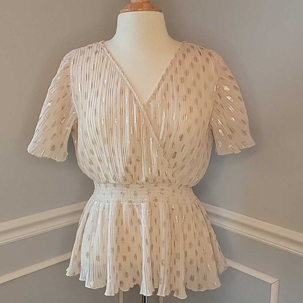 EXPRESS Cream Gold Metallic Polka Dot Peplum‎ Flutter Sleeve Party Holiday Top S